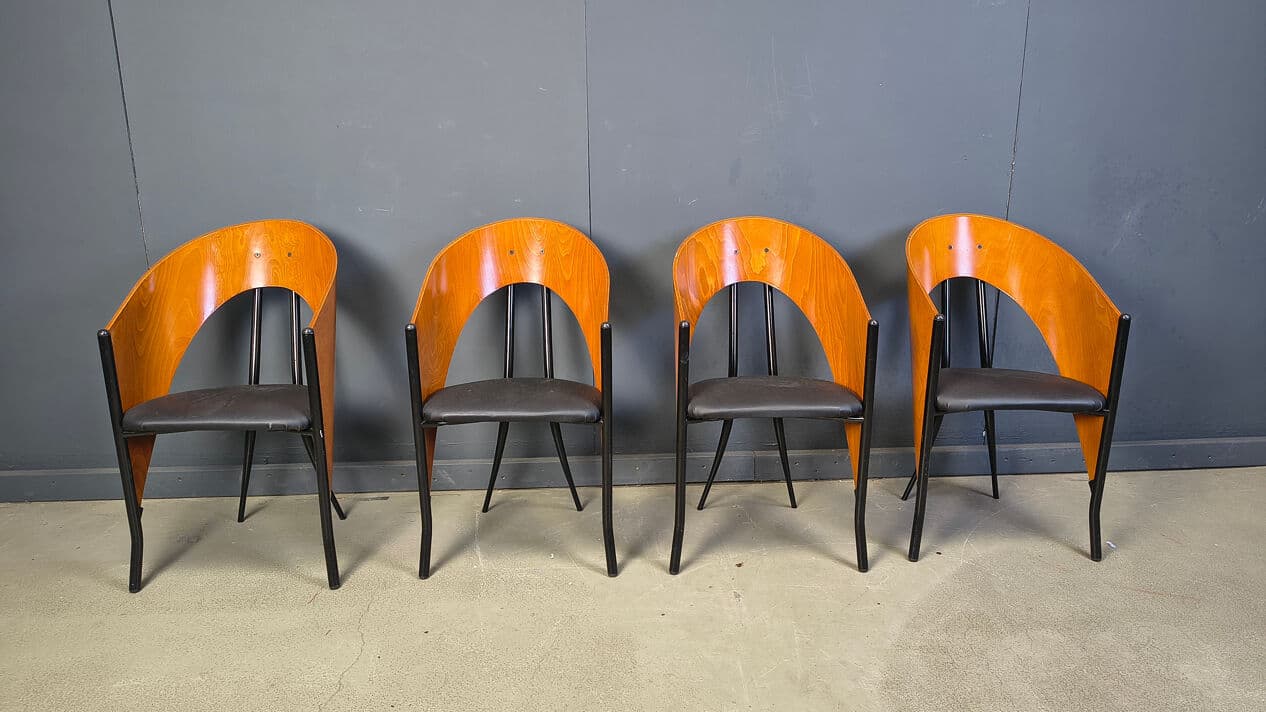 Set of four postmodern dining chairs, brown wood, black metal, black faux leather, Spain, 1980s. - 330796