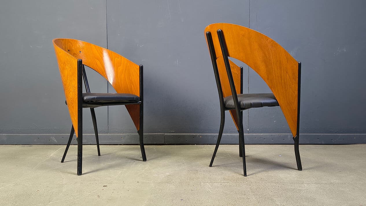 Set of four postmodern dining chairs, brown wood, black metal, black faux leather, Spain, 1980s. - 330806