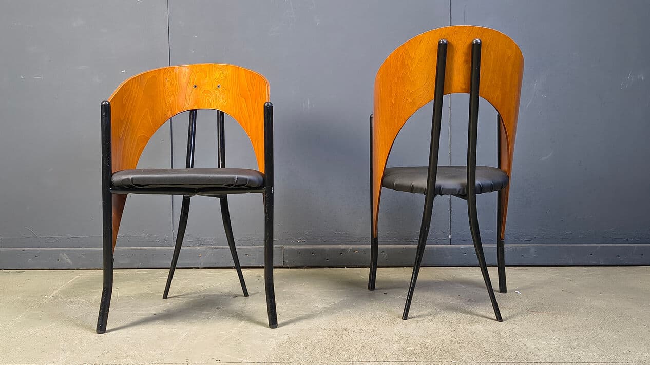 Set of four postmodern dining chairs, brown wood, black metal, black faux leather, Spain, 1980s. - 330797