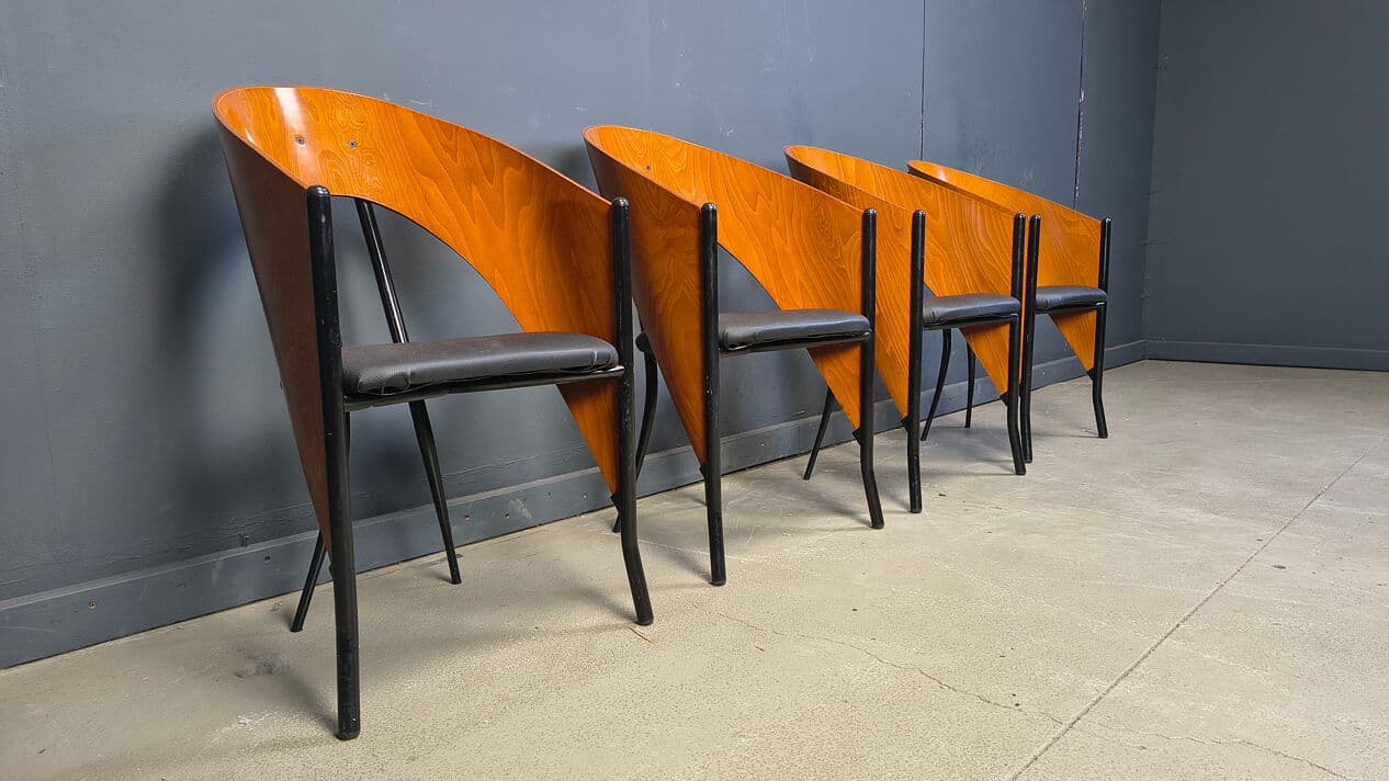 Set of four postmodern dining chairs, brown wood, black metal, black faux leather, Spain, 1980s. - 330803