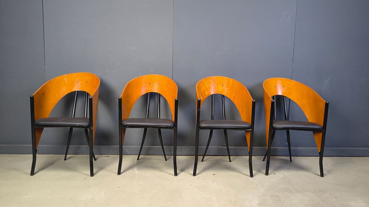 Set of four postmodern dining chairs, brown wood, black metal, black faux leather, Spain, 1980s. - 330799