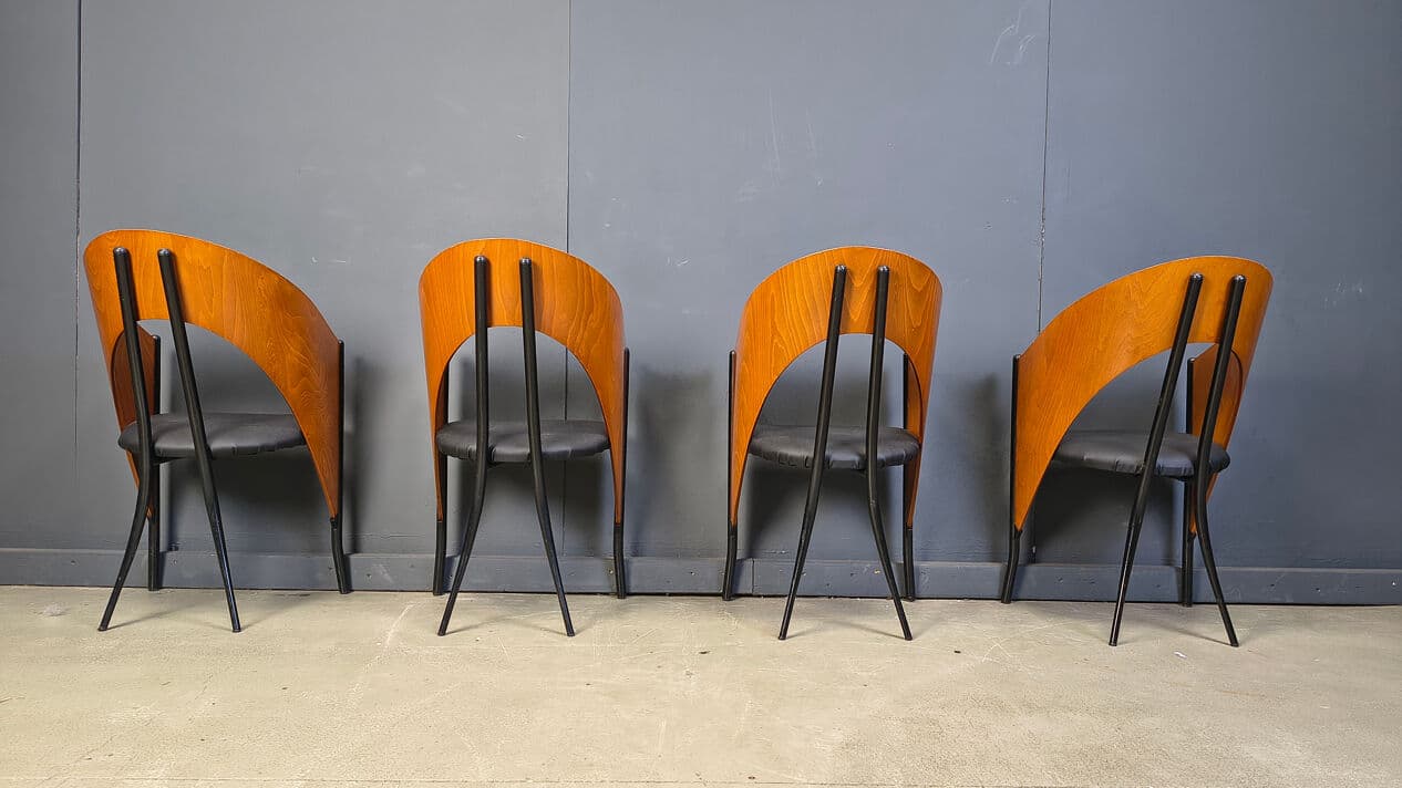 Set of four postmodern dining chairs, brown wood, black metal, black faux leather, Spain, 1980s. - 330804