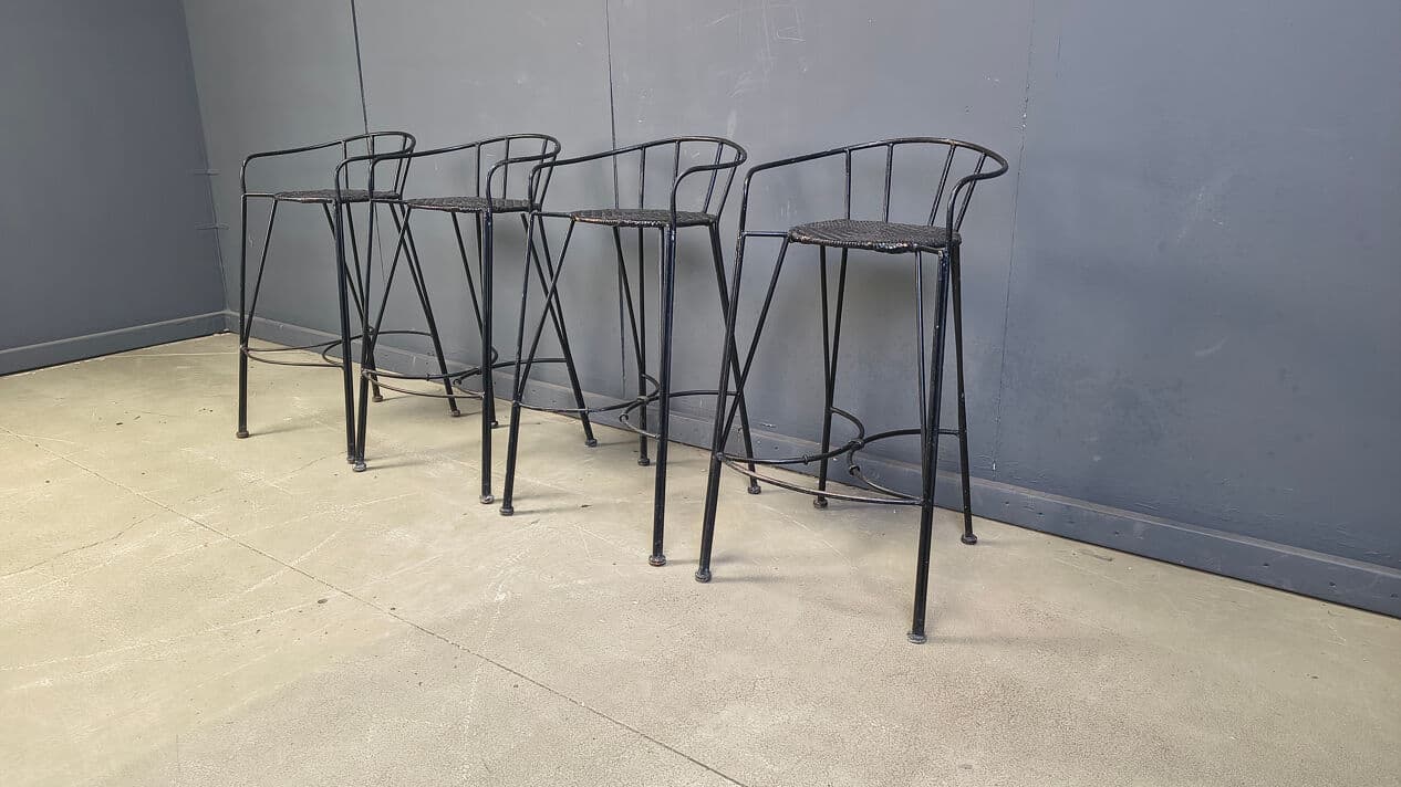 Set of four bar stools, black rattan, black iron, Belgium, 1970s. - 330780
