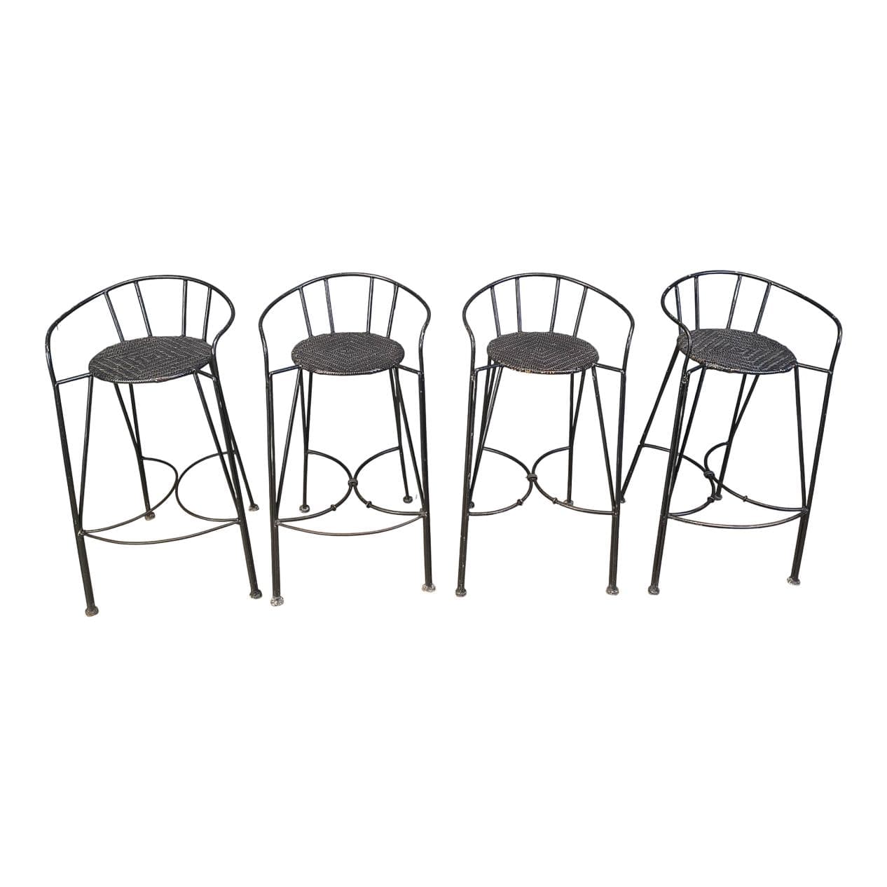 Set of four bar stools, black rattan, black iron, Belgium, 1970s.