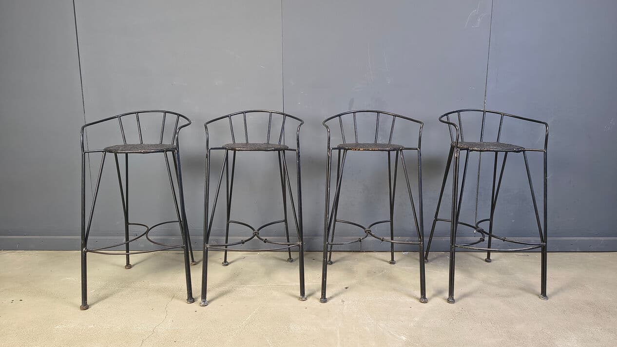 Set of four bar stools, black rattan, black iron, Belgium, 1970s. - 330773