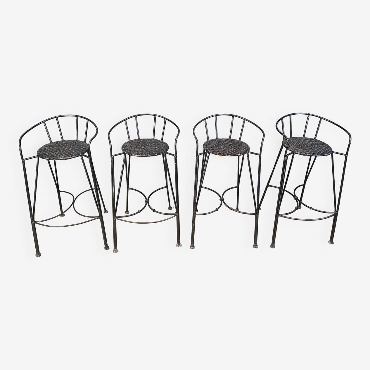 Set of four bar stools, black rattan, black iron, Belgium, 1970s. - 330775