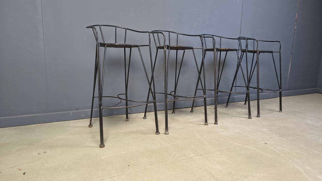 Set of four bar stools, black rattan, black iron, Belgium, 1970s. - 330779