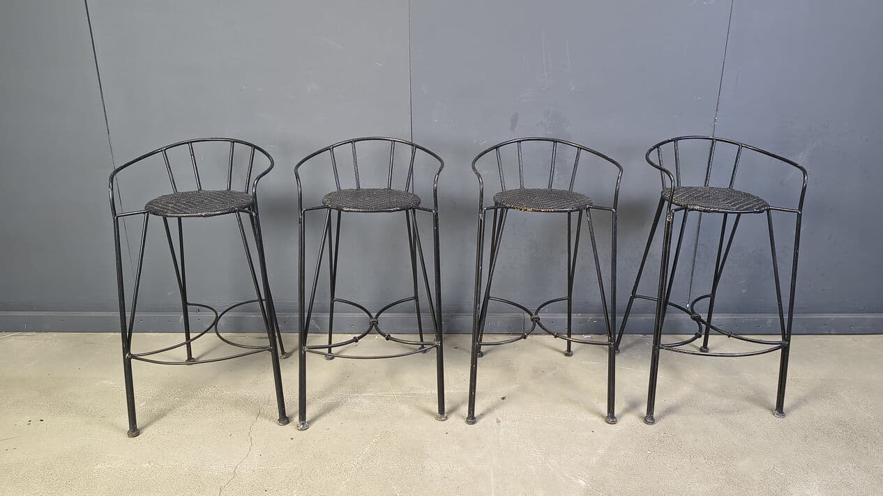 Set of four bar stools, black rattan, black iron, Belgium, 1970s. - 330776