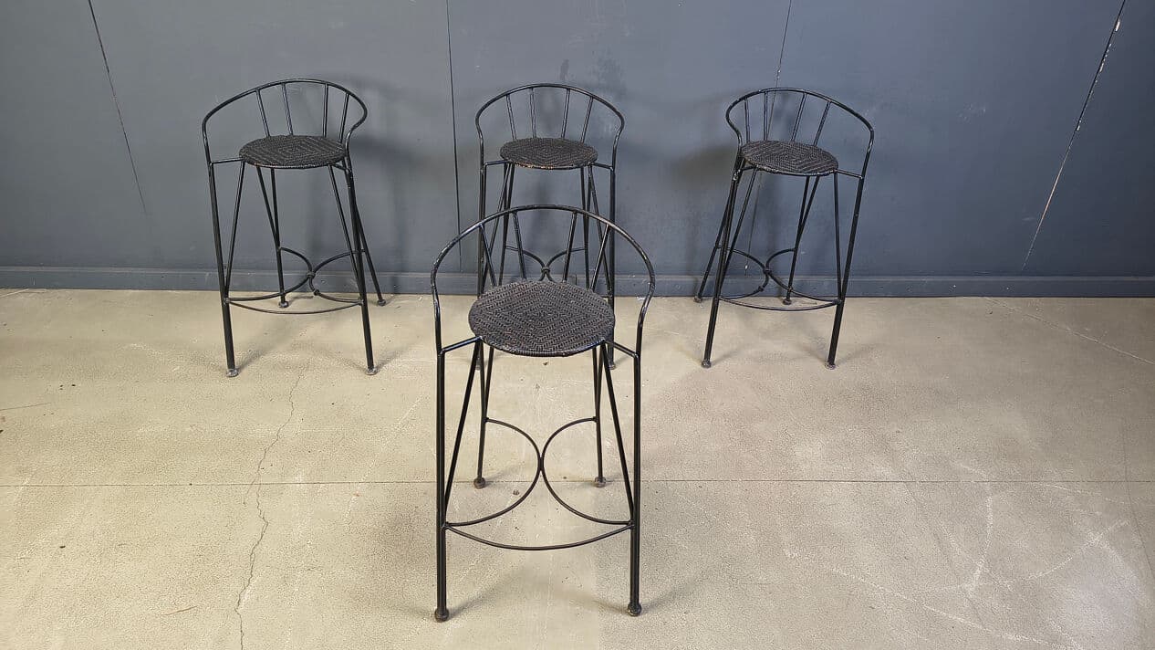 Set of four bar stools, black rattan, black iron, Belgium, 1970s. - 330774