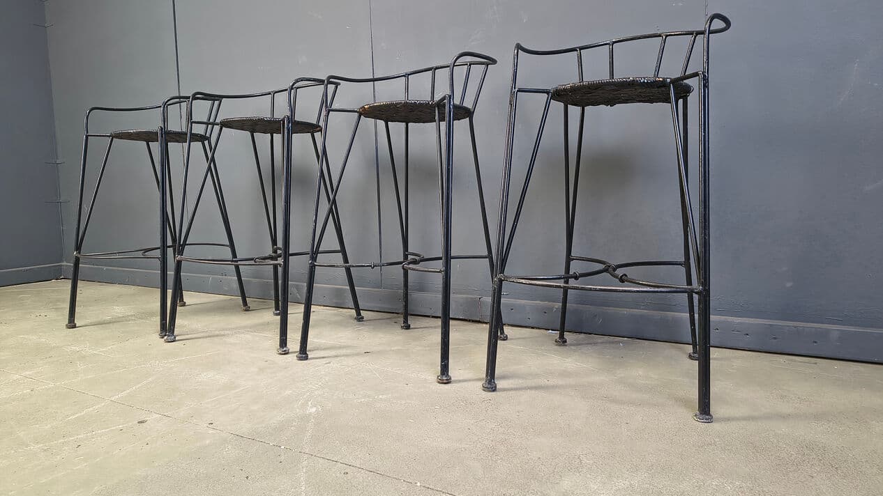 Set of four bar stools, black rattan, black iron, Belgium, 1970s. - 330782