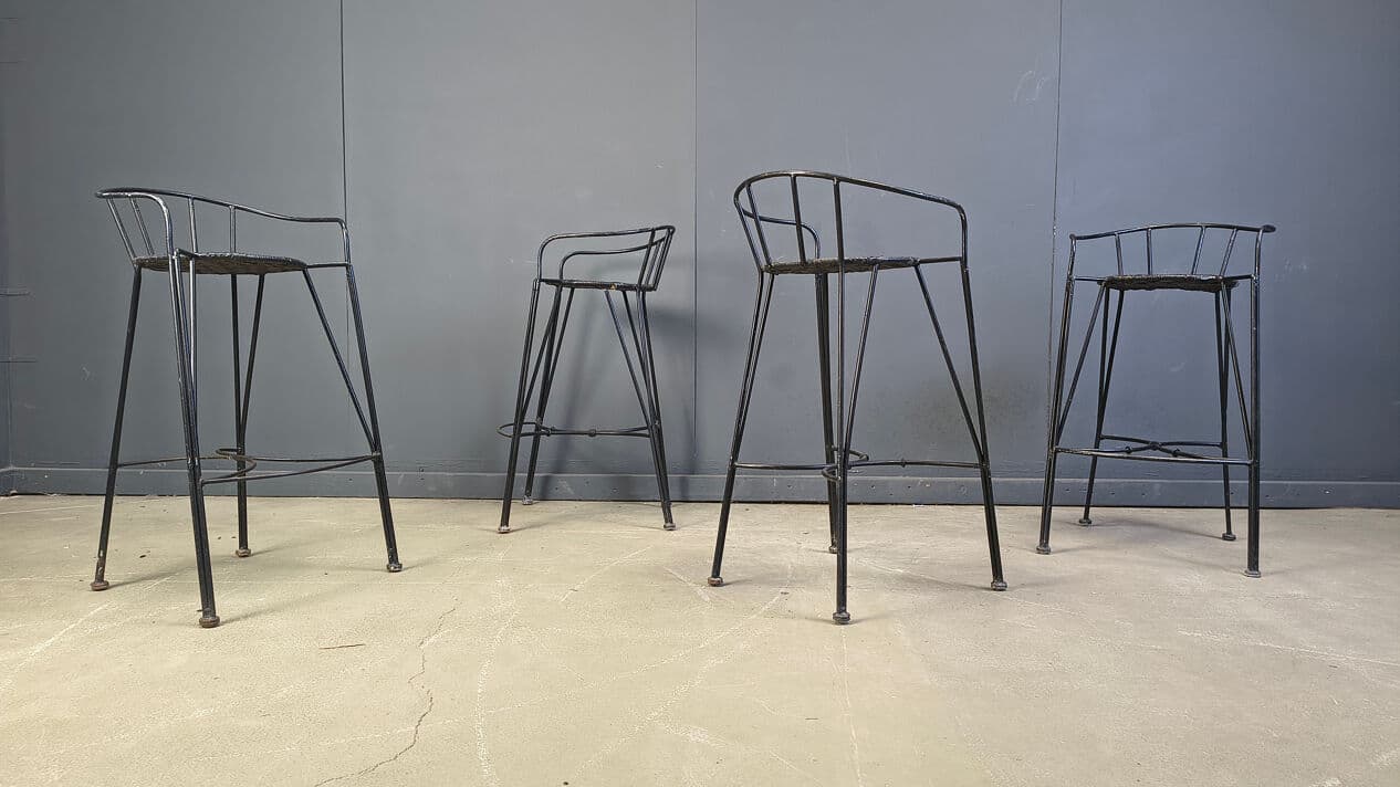 Set of four bar stools, black rattan, black iron, Belgium, 1970s. - 330783