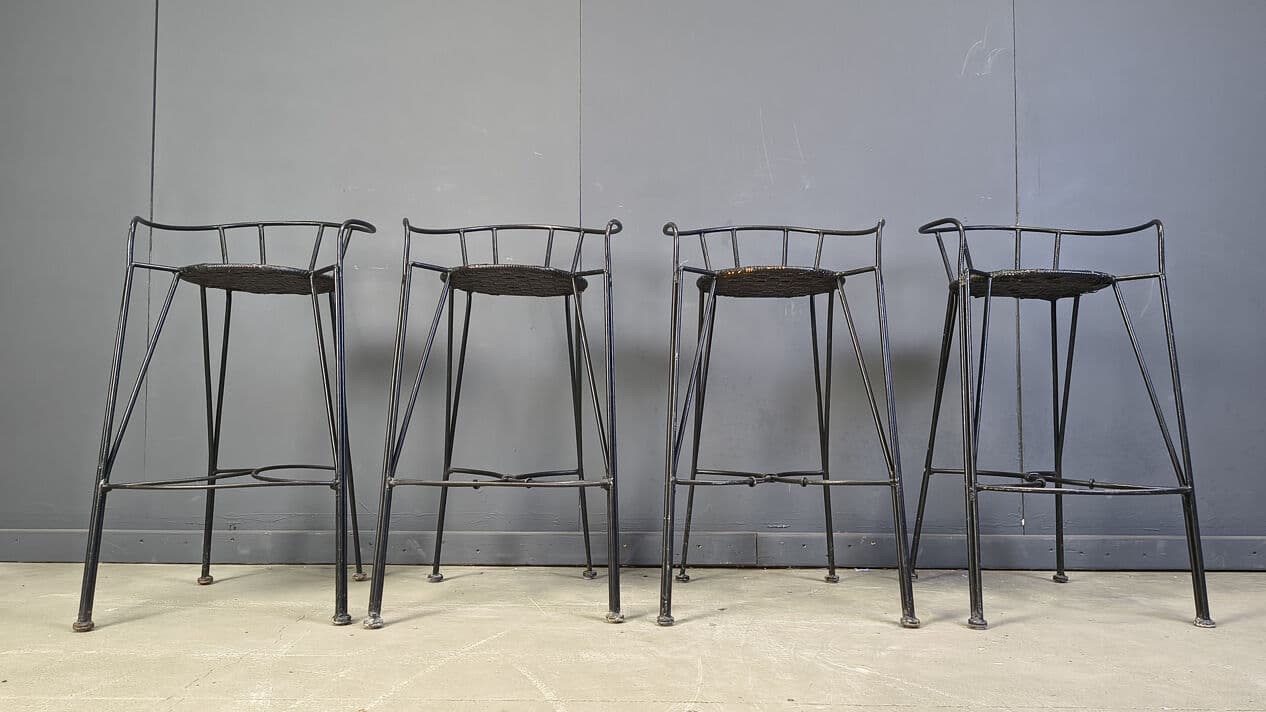 Set of four bar stools, black rattan, black iron, Belgium, 1970s. - 330777