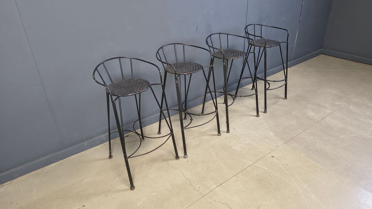 Set of four bar stools, black rattan, black iron, Belgium, 1970s. - 330778