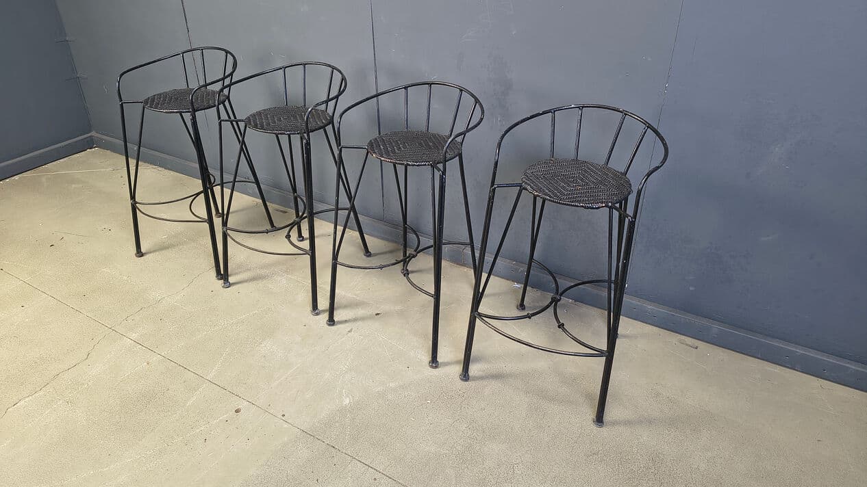 Set of four bar stools, black rattan, black iron, Belgium, 1970s. - 330781
