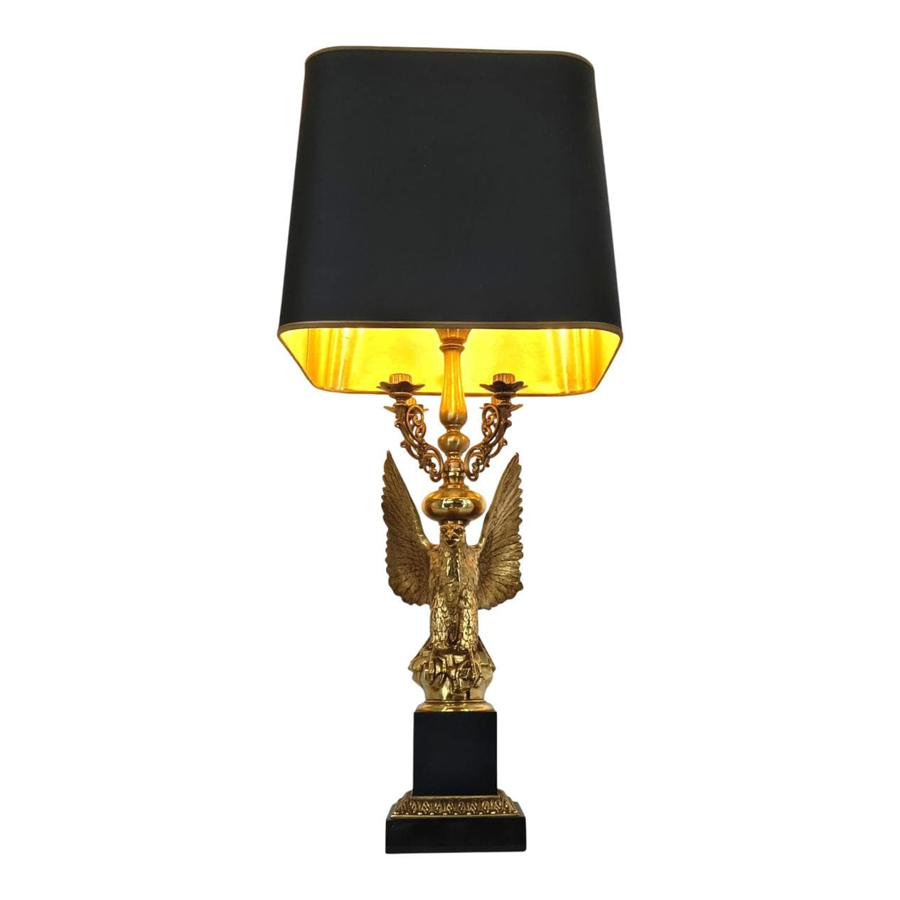 Lampa stołowa Empire, mosiądz złoty, drewno czarne, Belgia, lata 70.