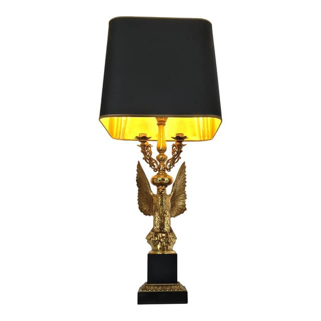 Lampa stołowa Empire, mosiądz złoty, drewno czarne, Belgia, lata 70. - WYMIARY