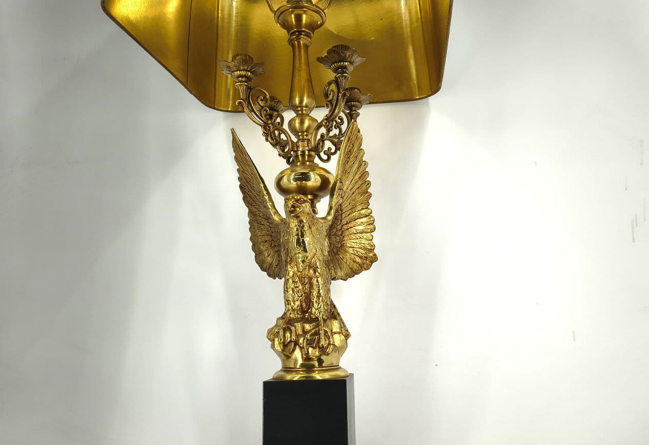 Lampa stołowa Empire, mosiądz złoty, drewno czarne, Belgia, lata 70. - 330743