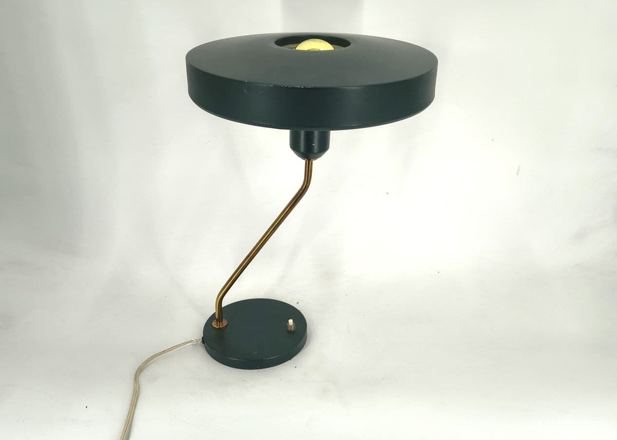 Lampa stołowa Romeo, aluminium czarne, mosiądz, proj. L. Kalff, Philips, Holandia, lata 60. - 330667