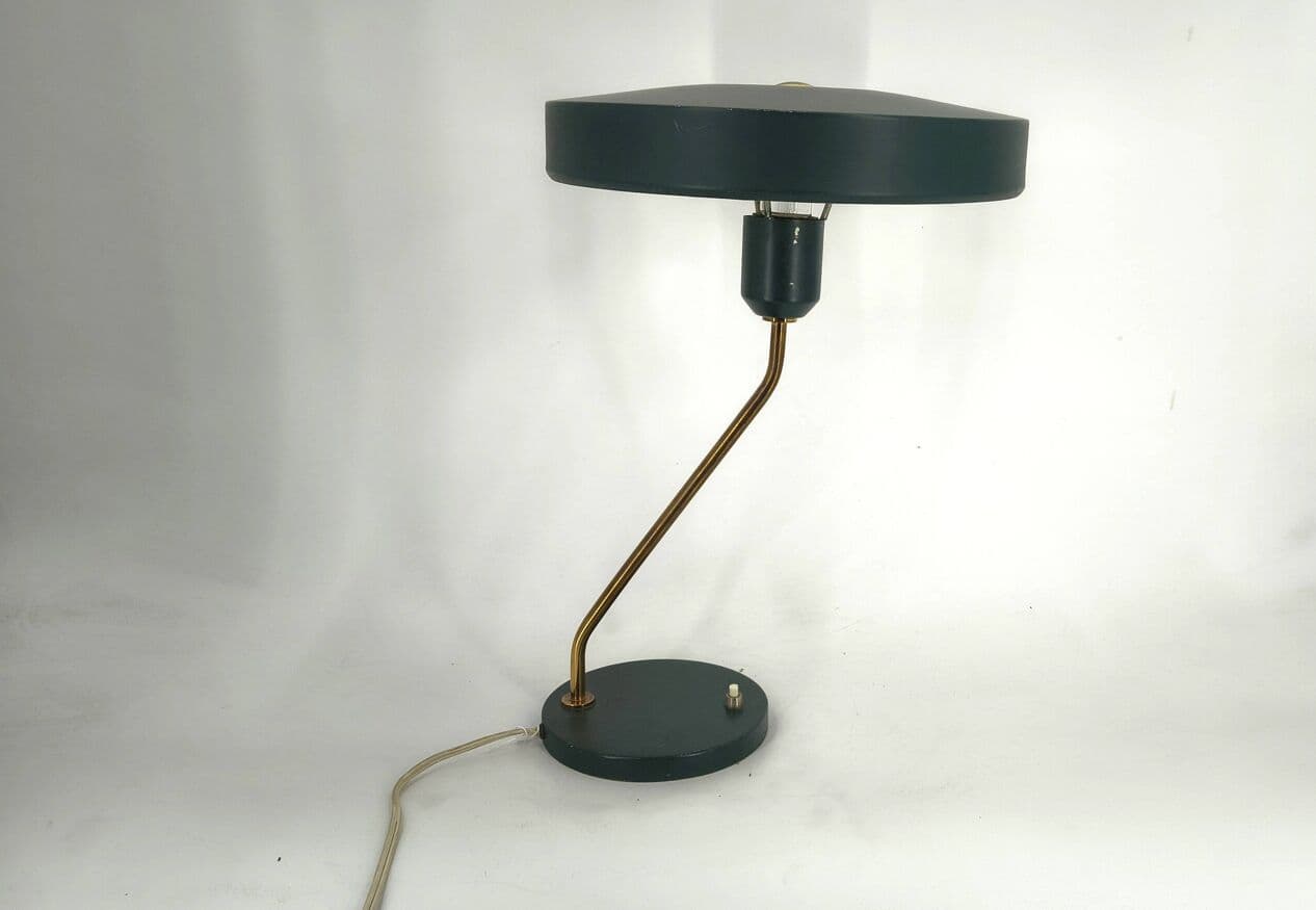 Lampa stołowa Romeo, aluminium czarne, mosiądz, proj. L. Kalff, Philips, Holandia, lata 60. - 330657