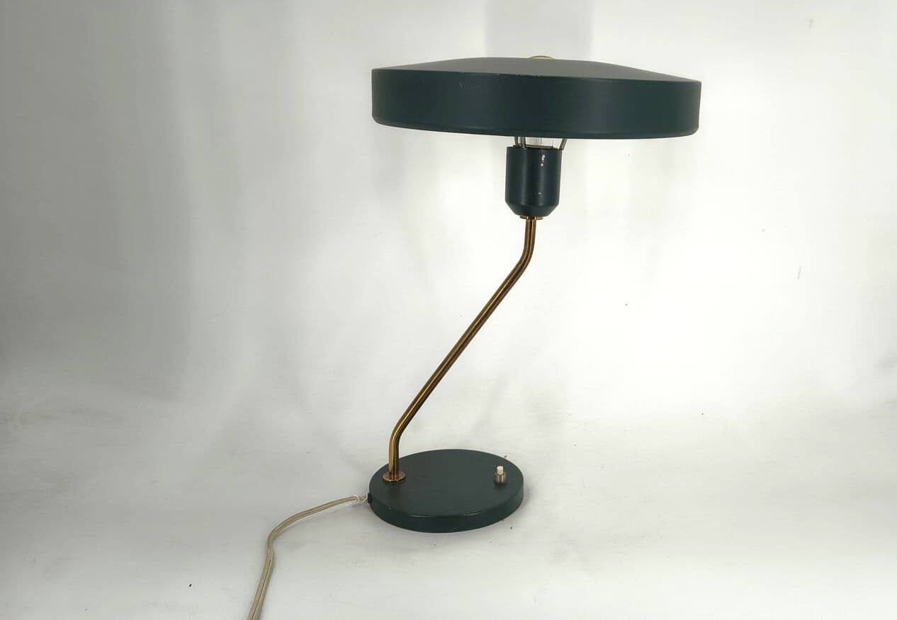 Lampa stołowa Romeo, aluminium czarne, mosiądz, proj. L. Kalff, Philips, Holandia, lata 60. - 330658