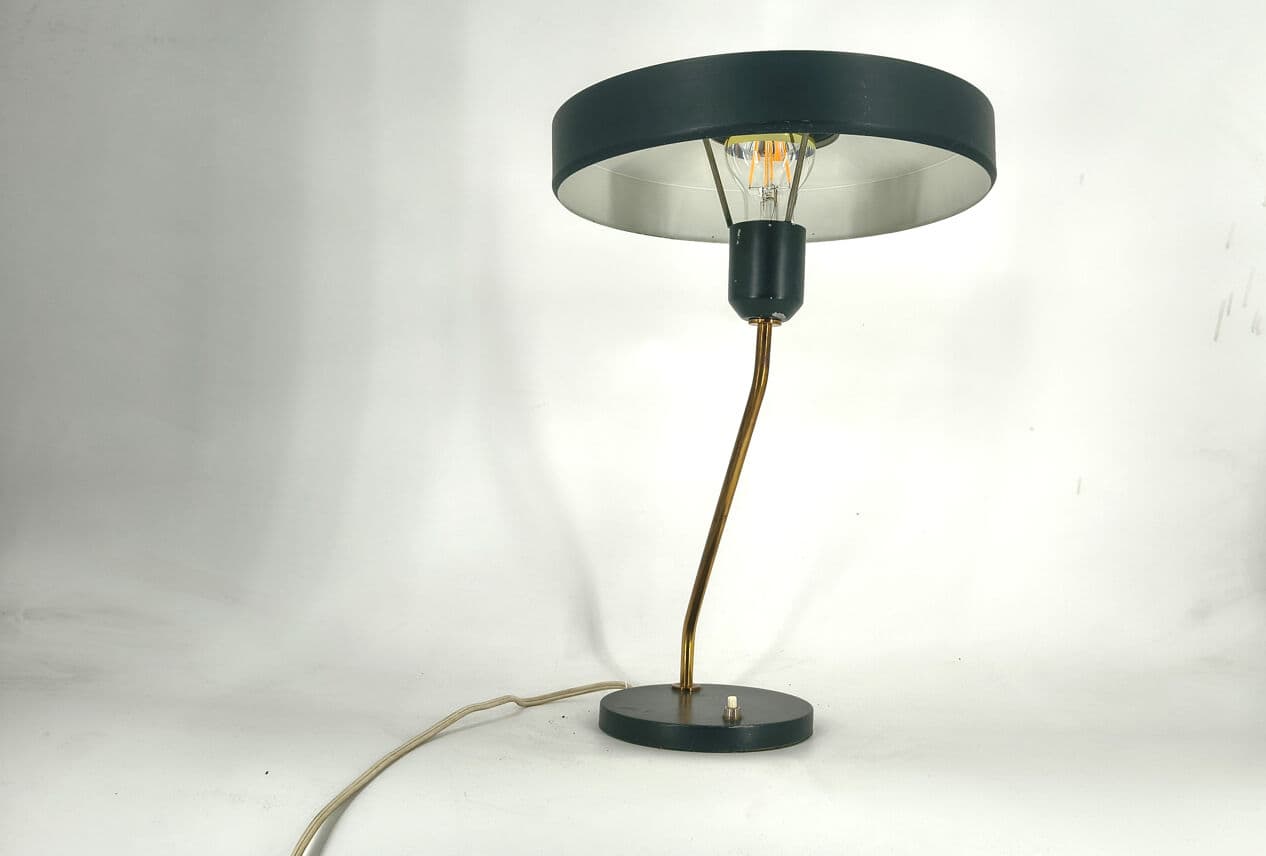 Lampa stołowa Romeo, aluminium czarne, mosiądz, proj. L. Kalff, Philips, Holandia, lata 60. - 330662