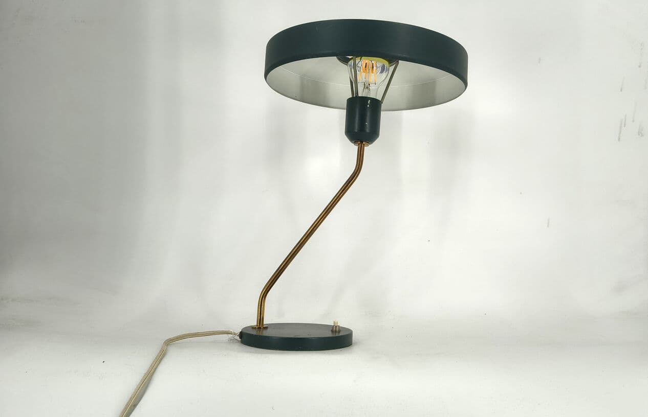 Lampa stołowa Romeo, aluminium czarne, mosiądz, proj. L. Kalff, Philips, Holandia, lata 60. - 330660