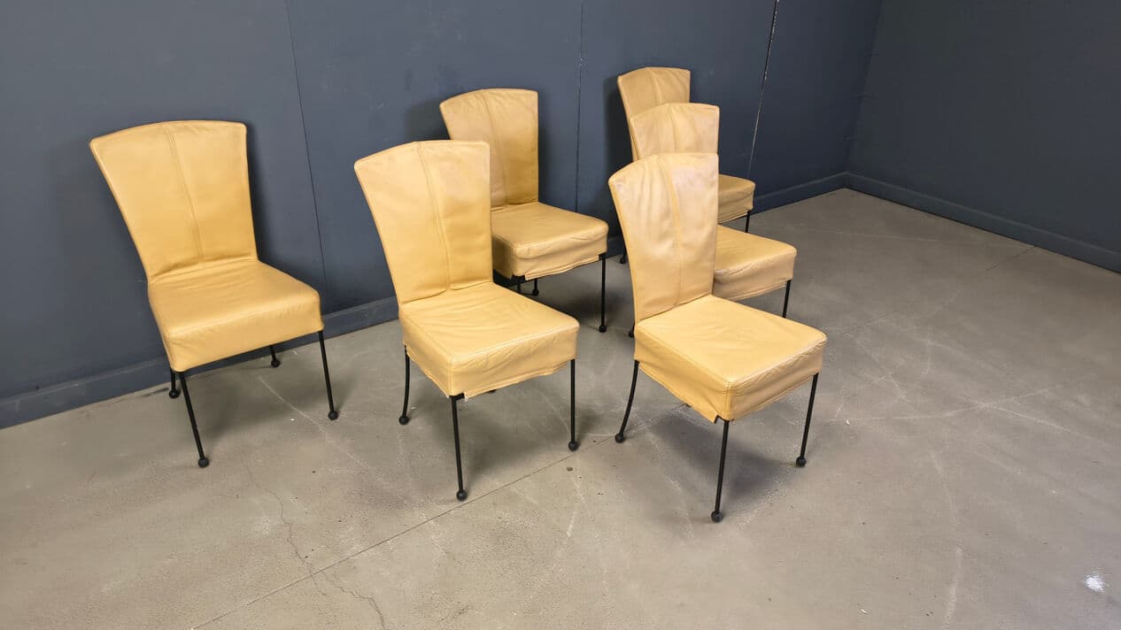Set of six dining chairs, yellow leather, black metal, Belgium, 1980s. - 330638