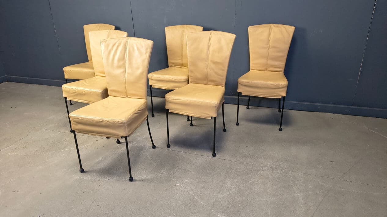 Set of six dining chairs, yellow leather, black metal, Belgium, 1980s. - 330636