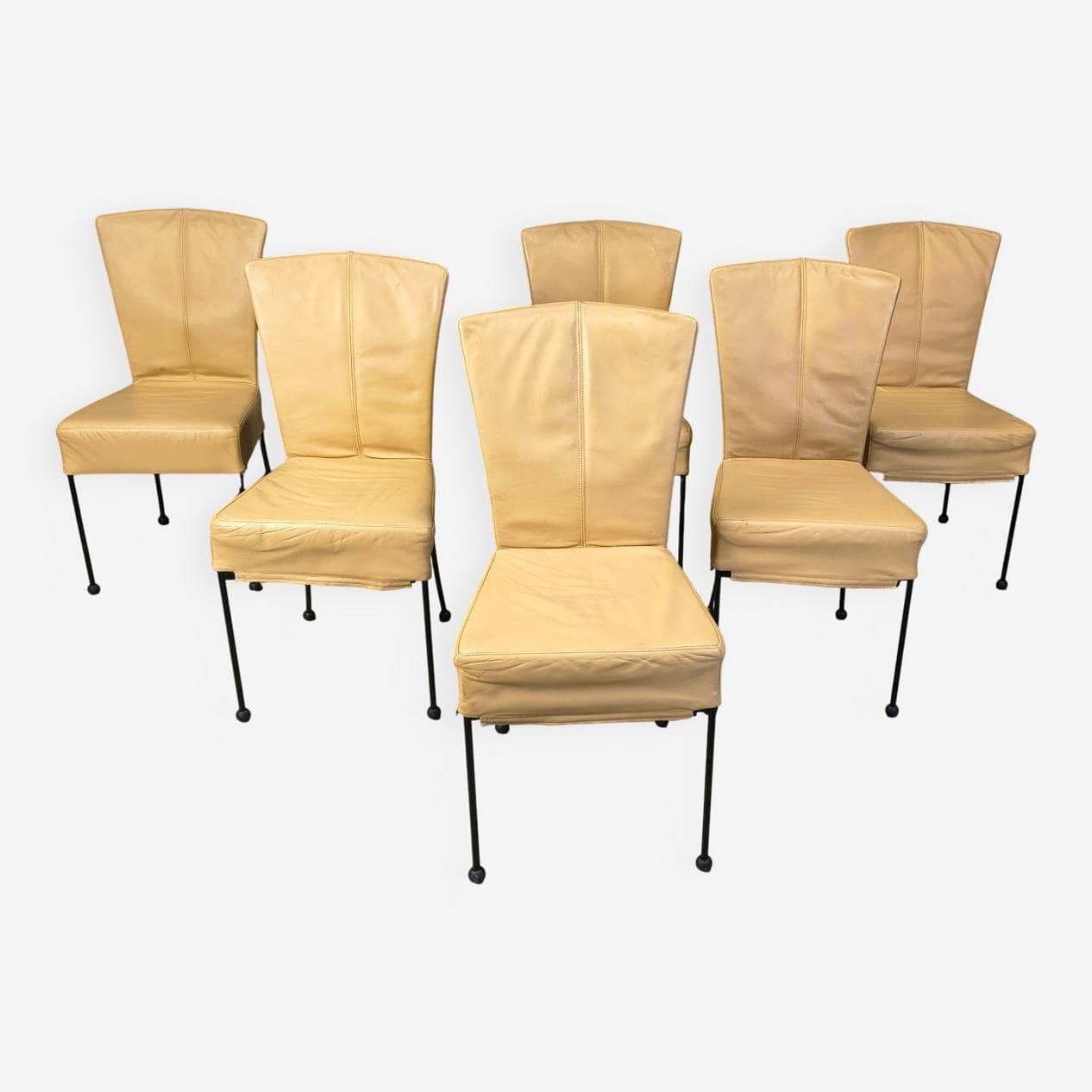 Set of six dining chairs, yellow leather, black metal, Belgium, 1980s. - 330635