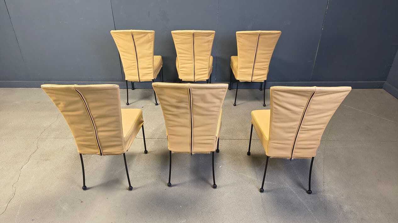 Set of six dining chairs, yellow leather, black metal, Belgium, 1980s. - 330640