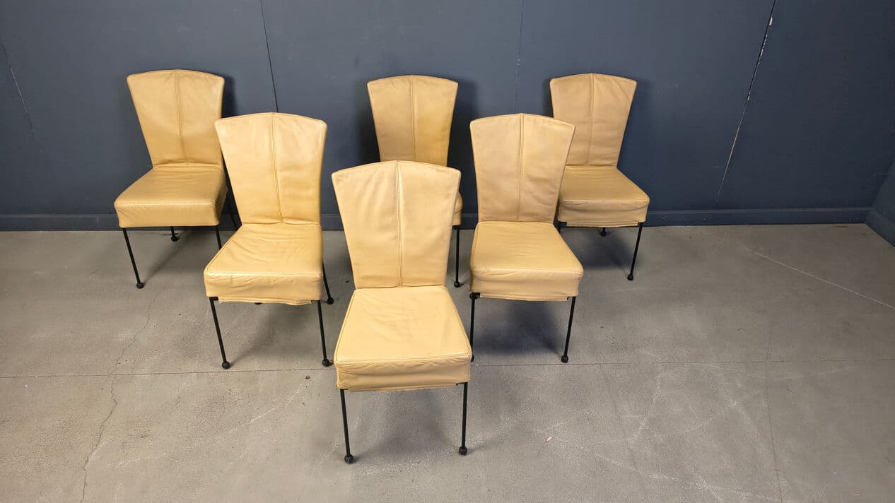 Set of six dining chairs, yellow leather, black metal, Belgium, 1980s. - 330641