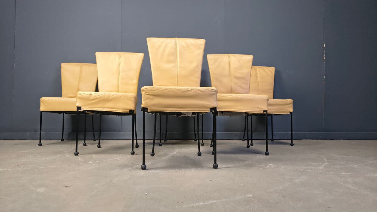 Set of six dining chairs, yellow leather, black metal, Belgium, 1980s. - 330637