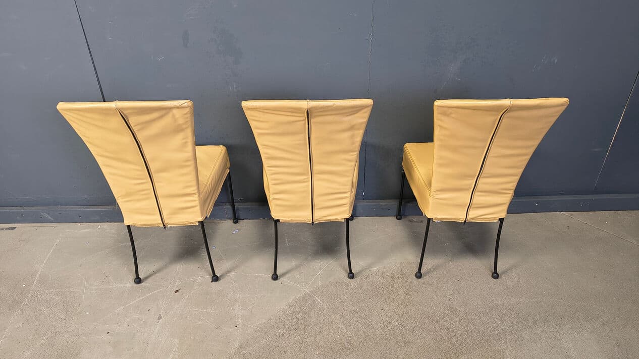 Set of six dining chairs, yellow leather, black metal, Belgium, 1980s. - 330639