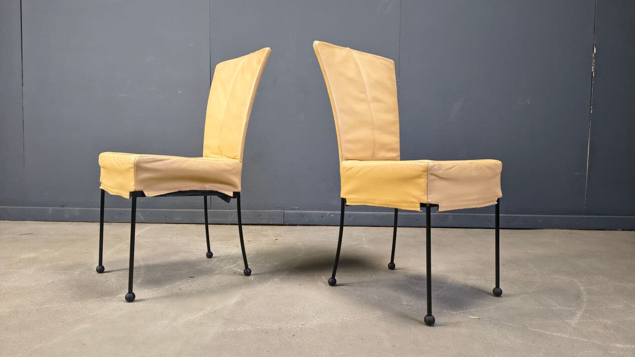 Set of six dining chairs, yellow leather, black metal, Belgium, 1980s. - 330643