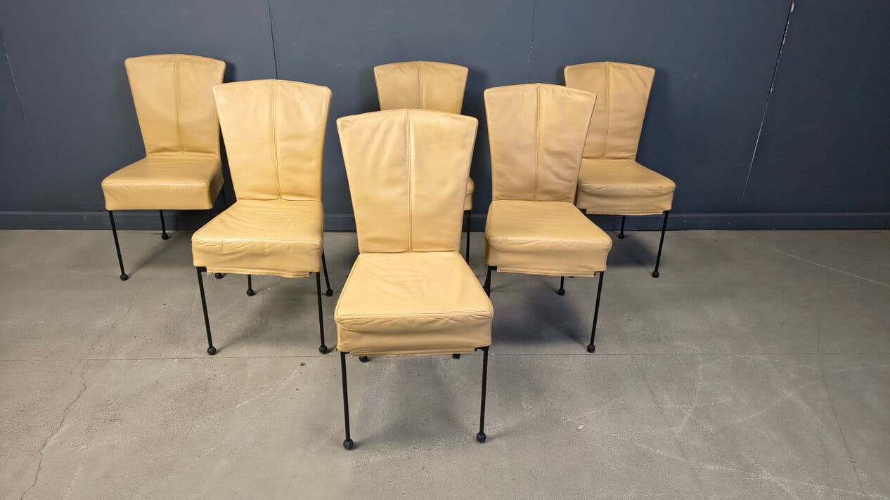 Set of six dining chairs, yellow leather, black metal, Belgium, 1980s. - 330634