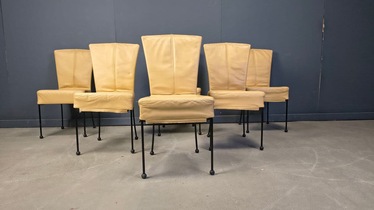 Set of six dining chairs, yellow leather, black metal, Belgium, 1980s. - 330633