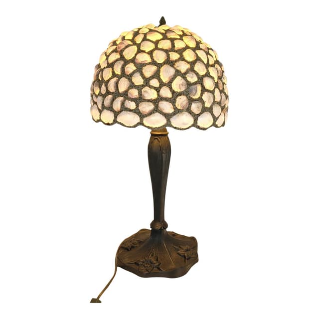 Lampa stołowa, art nouveau, muszle beżowe, metal brązowy, Belgia, lata 70. - WYMIARY