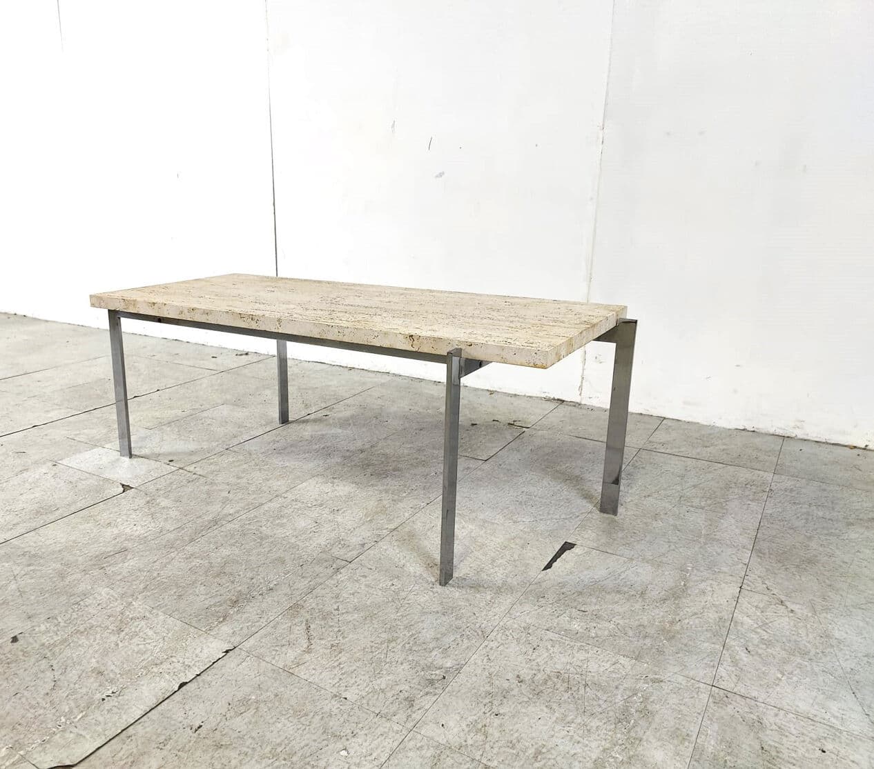 Coffee Table, beige travertine, silver chrome, Italy, 1970s. - 330547