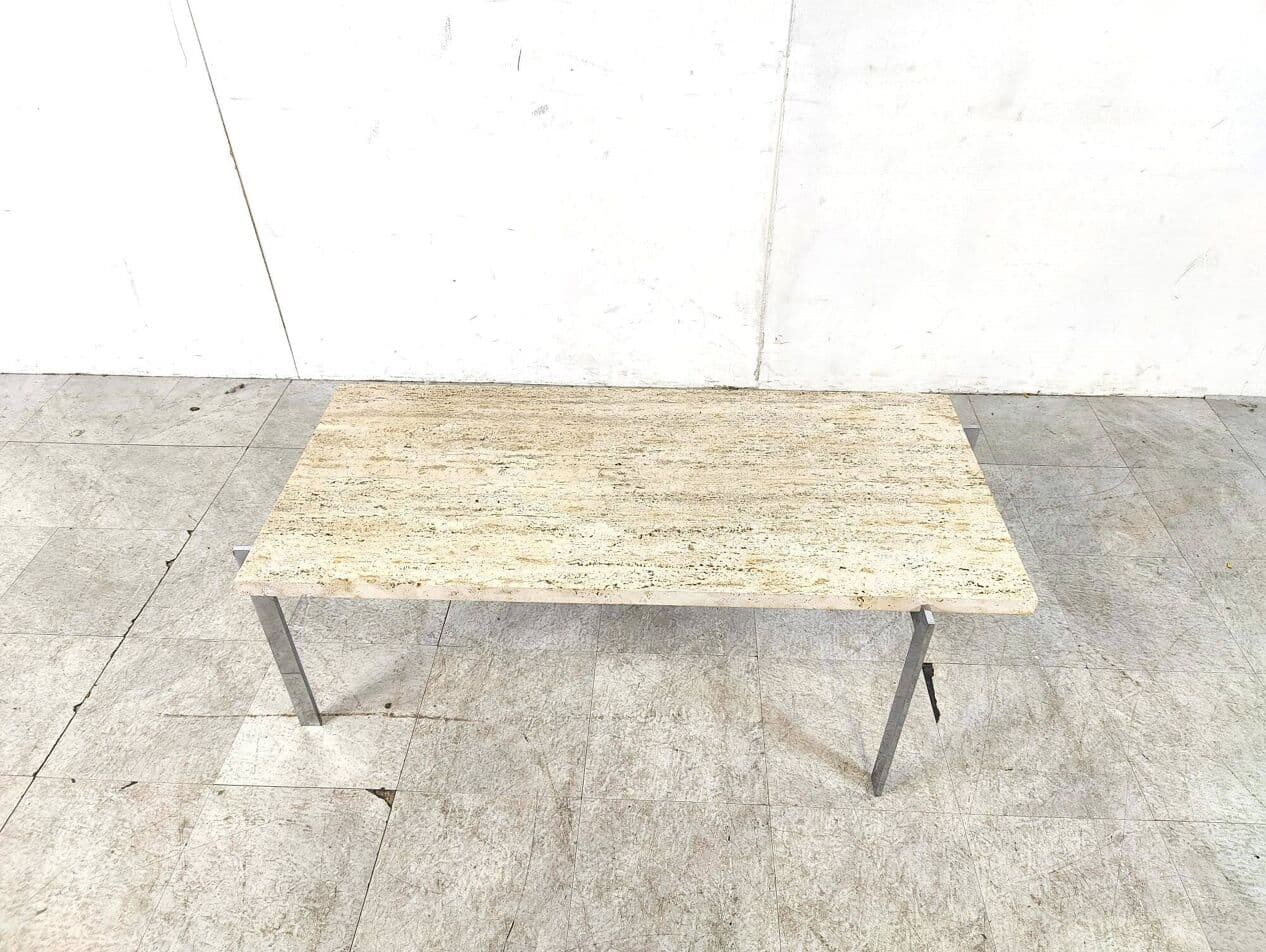 Coffee Table, beige travertine, silver chrome, Italy, 1970s. - 330550