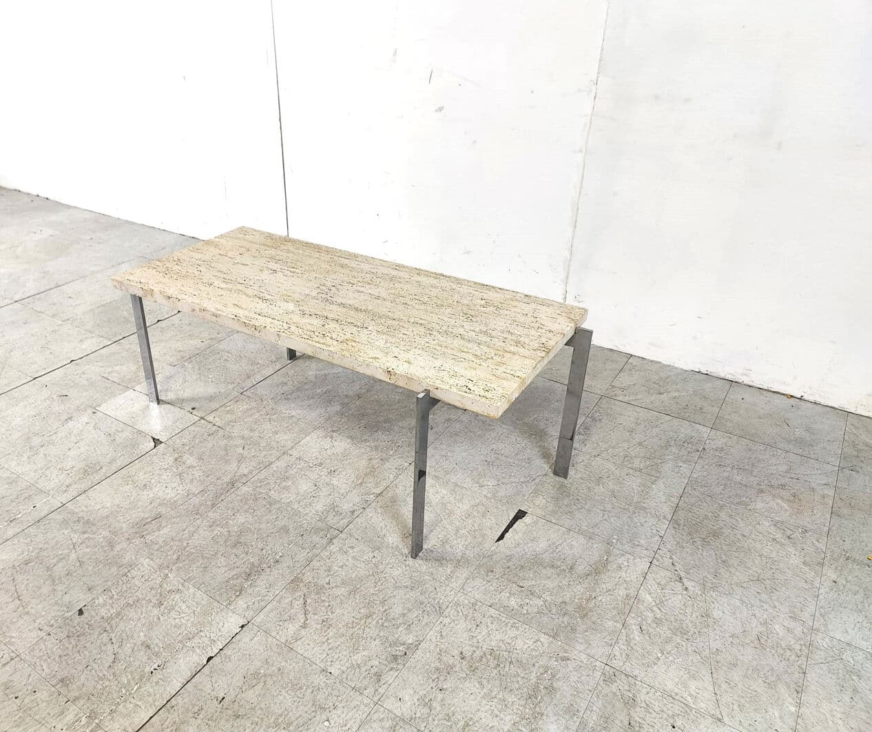 Coffee Table, beige travertine, silver chrome, Italy, 1970s. - 330549