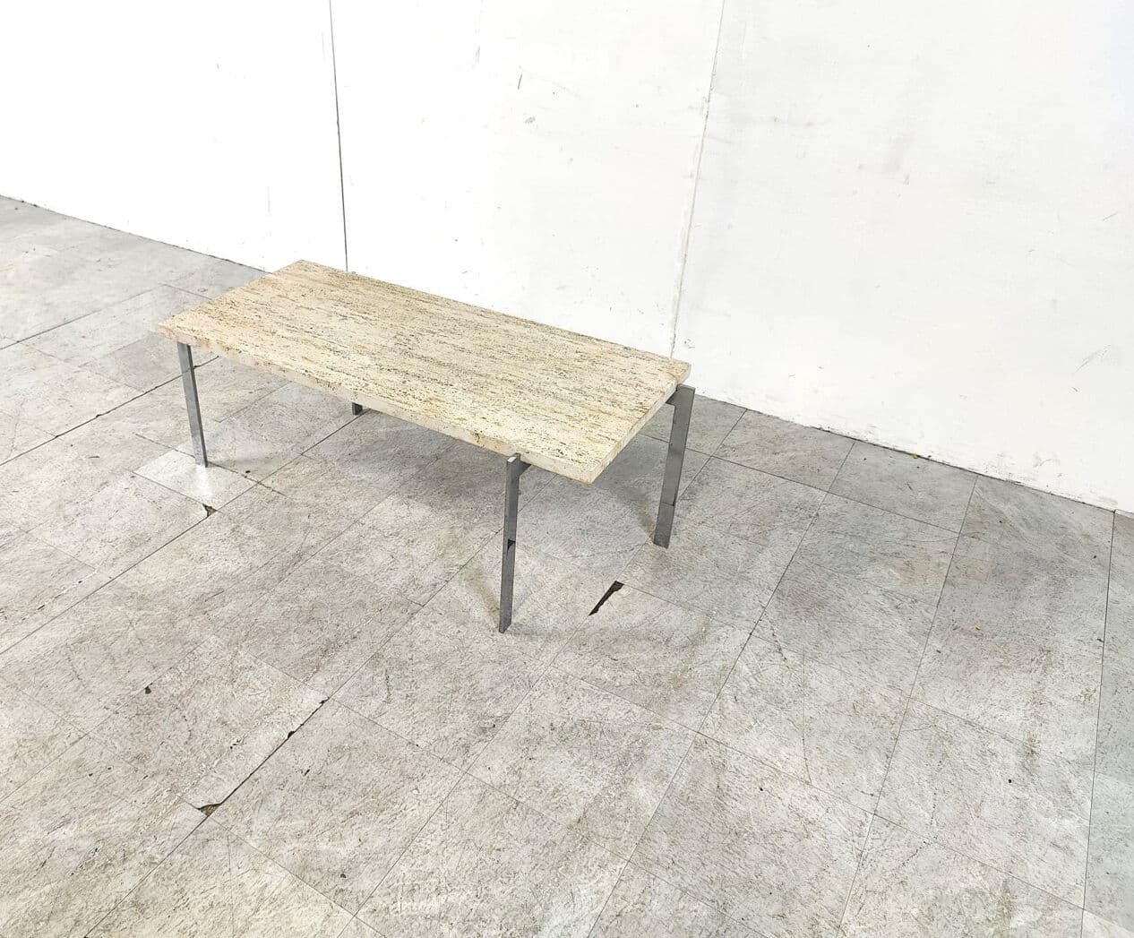 Coffee Table, beige travertine, silver chrome, Italy, 1970s. - 330554