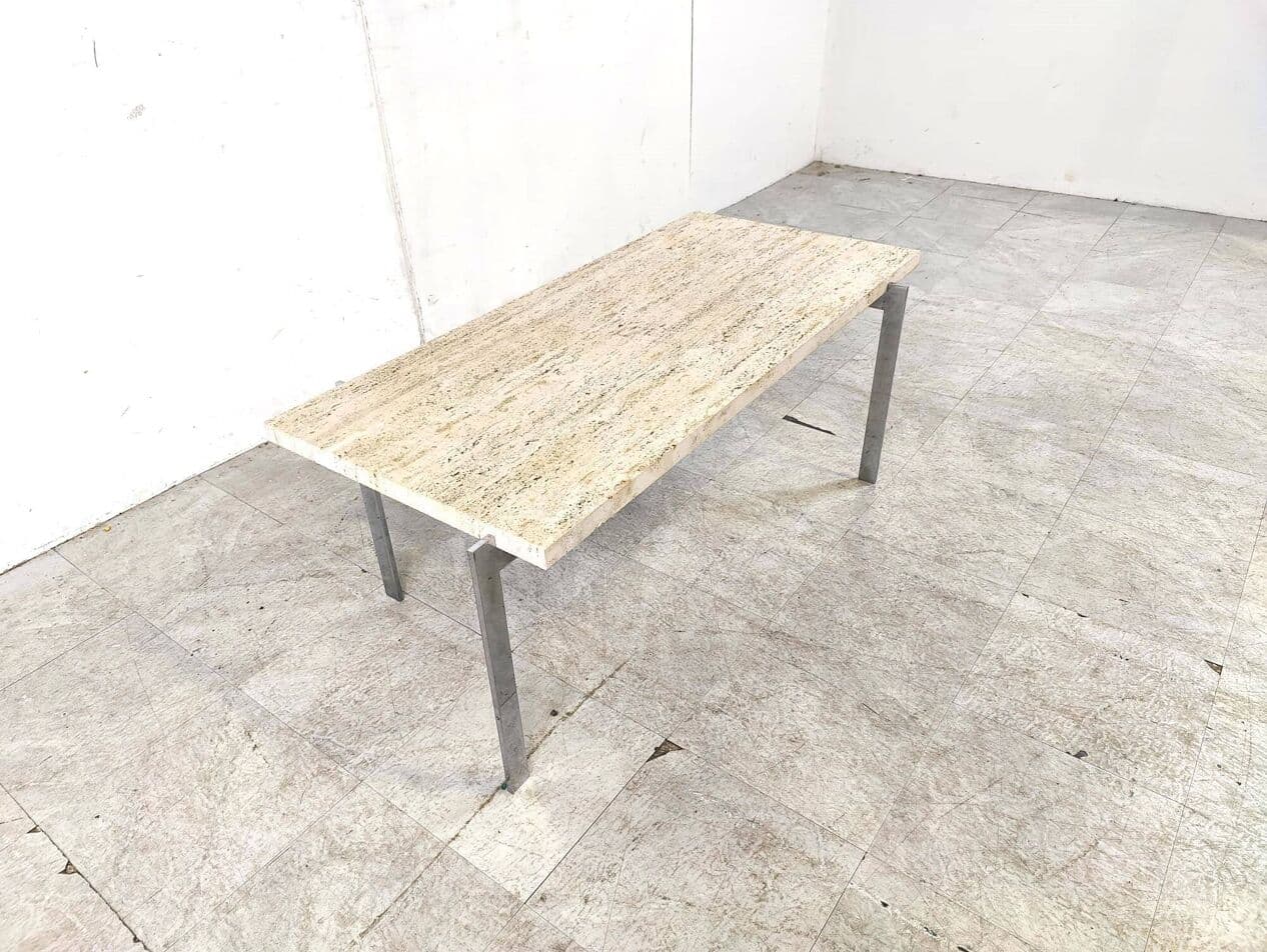 Coffee Table, beige travertine, silver chrome, Italy, 1970s. - 330551