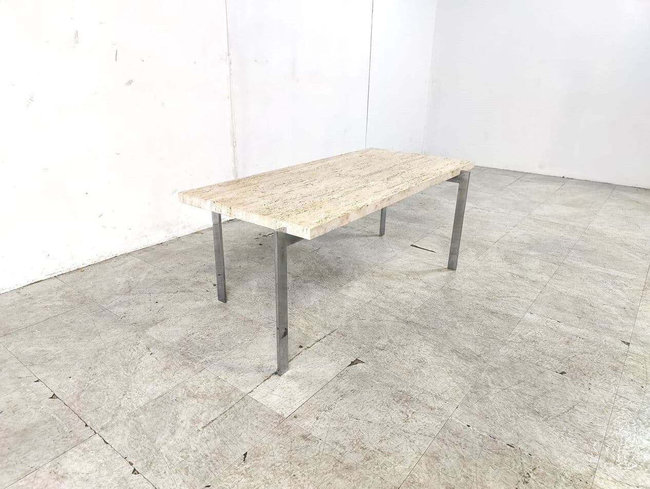 Coffee Table, beige travertine, silver chrome, Italy, 1970s. - 330545