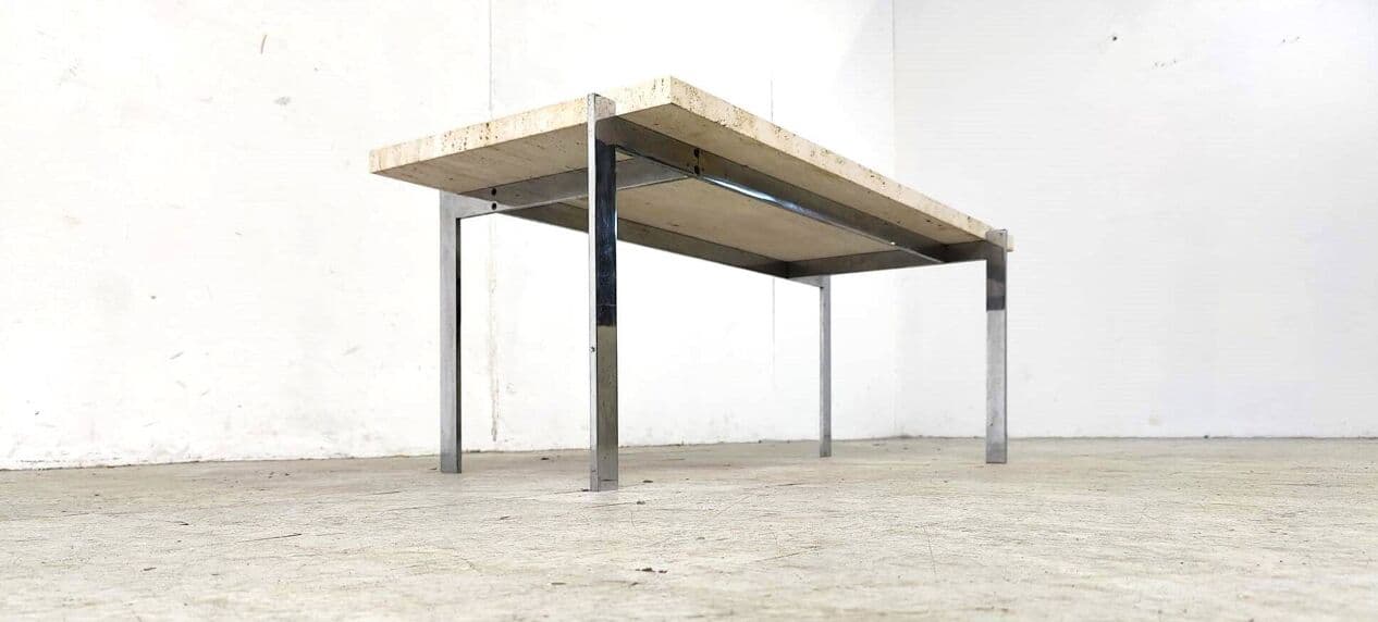 Coffee Table, beige travertine, silver chrome, Italy, 1970s. - 330552