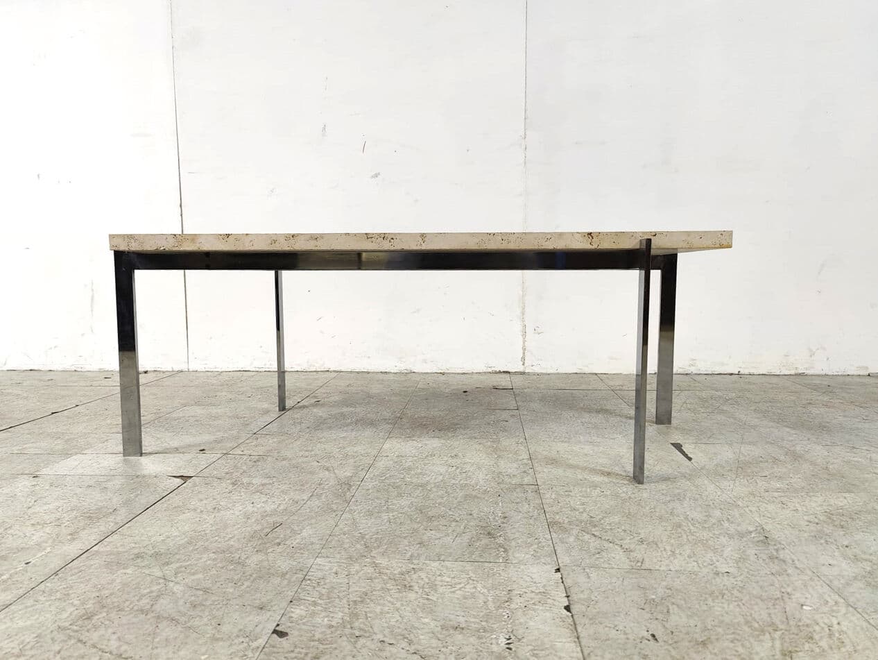 Coffee Table, beige travertine, silver chrome, Italy, 1970s. - 330553