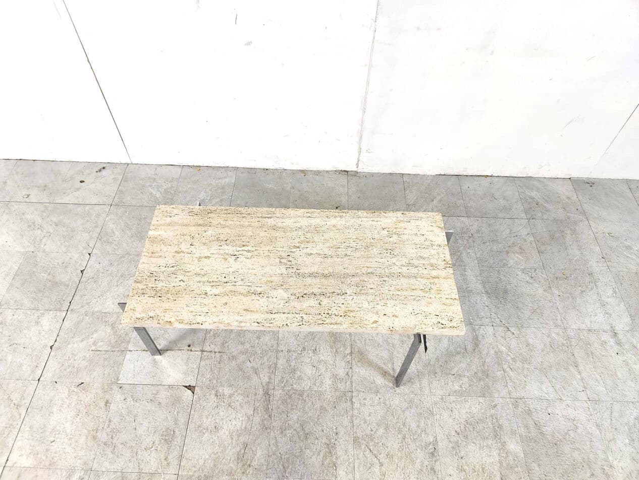 Coffee Table, beige travertine, silver chrome, Italy, 1970s. - 330548