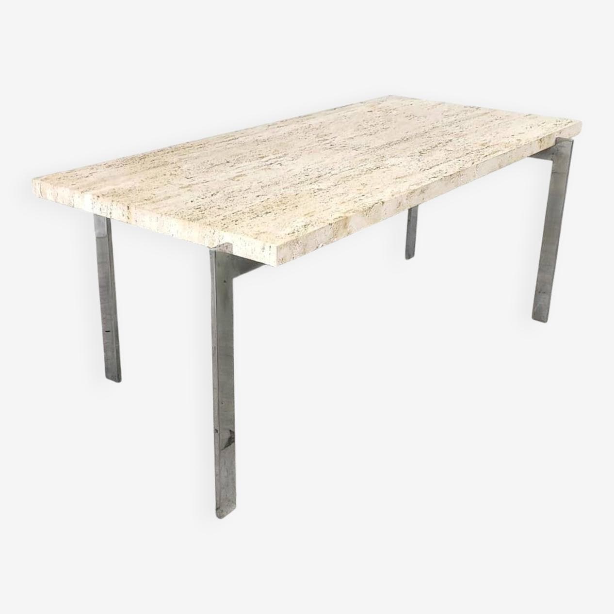 Coffee Table, beige travertine, silver chrome, Italy, 1970s. - 330546