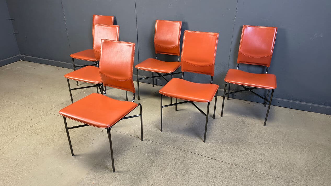 Set of six dining chairs, orange leather, black metal, by R. Littel, Matteo Grassi, Italy, 1970s. - 330526