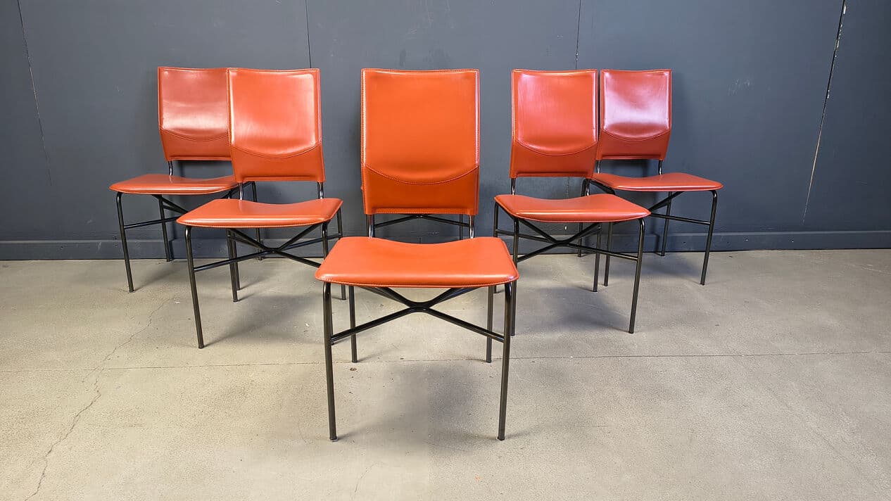 Set of six dining chairs, orange leather, black metal, by R. Littel, Matteo Grassi, Italy, 1970s. - 330521