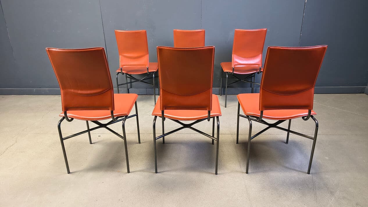 Set of six dining chairs, orange leather, black metal, by R. Littel, Matteo Grassi, Italy, 1970s. - 330531